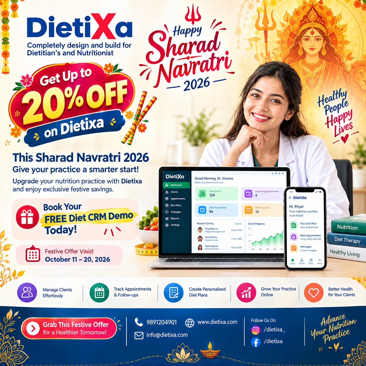 Sharad Navratri 2026 - Get up to 20% off on Dietixa. Book your free Diet CRM demo. Offer valid October 11 - 20, 2026